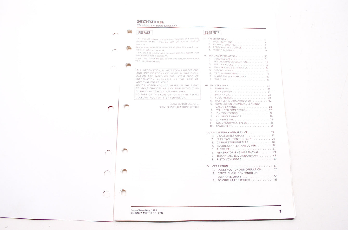 Honda Service Shop Manual EM1600 EM1800 EM2200