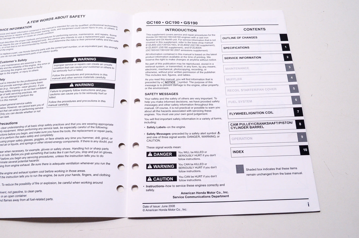Honda Engines Shop Service Repair Manual GC160 GC190 GS190 Supplement