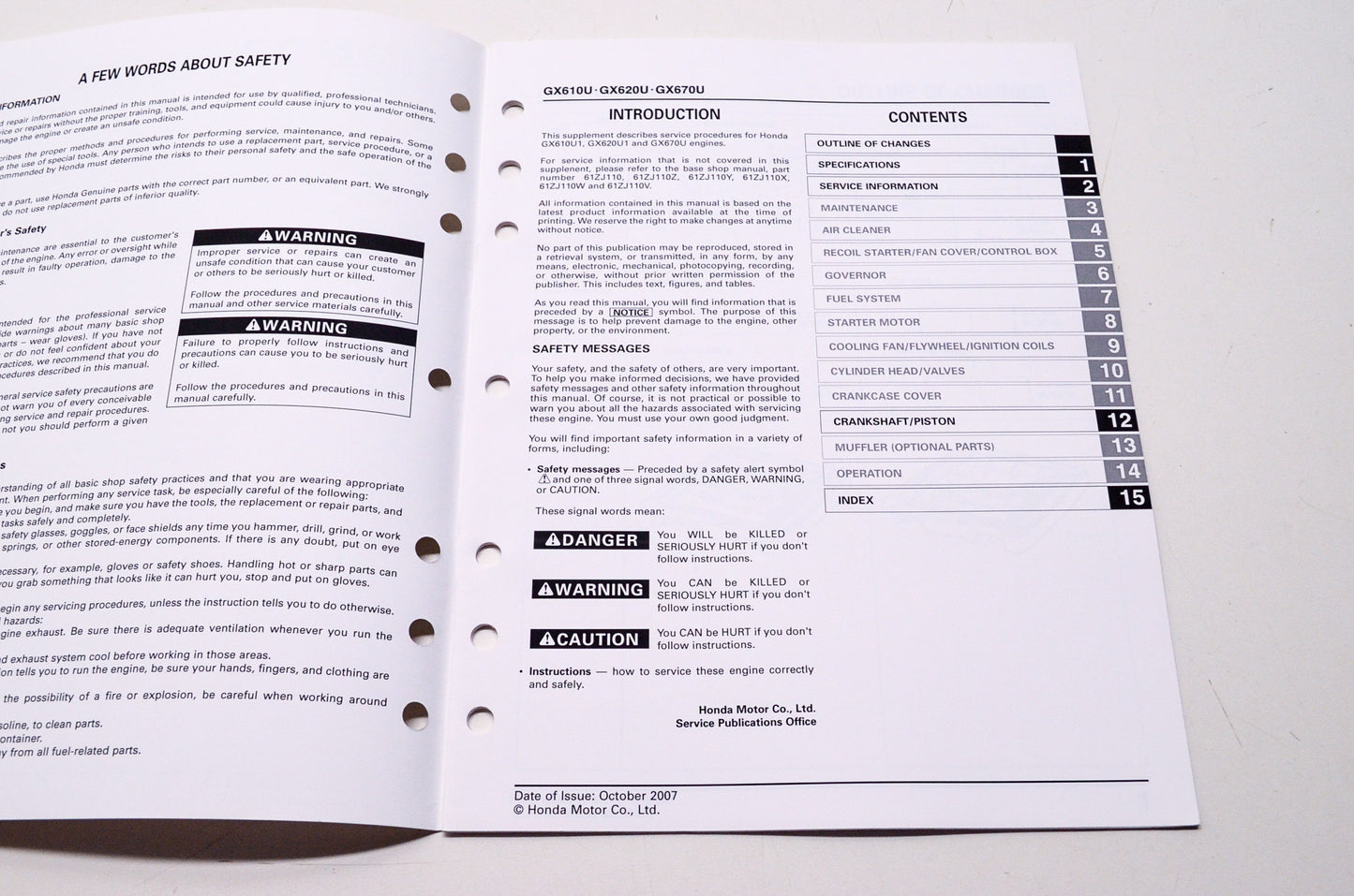 Honda Engines Shop Service Repair Manual GX610U1 GX620U1 GX670U Supplement