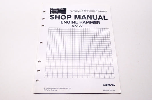 OEM Honda 61Z0D00Y Power Equipment Shop Service Repair Manual Engine Rammer GX10