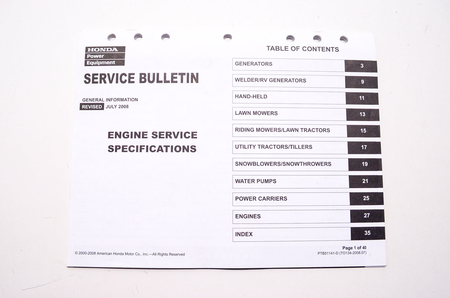 OEM Honda TO134-2008.07, PTB51141-D Service Bulletin General Information Engine Service Spec