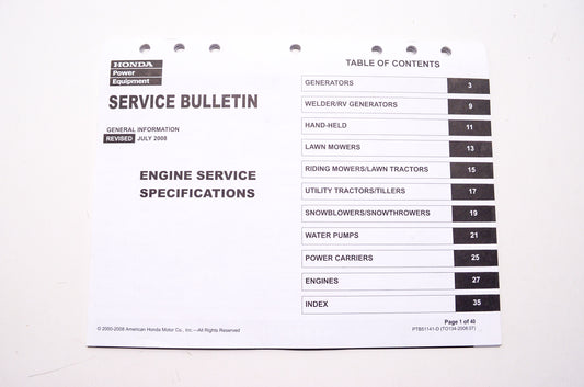 OEM Honda TO134-2008.07, PTB51141-D Service Bulletin General Information Engine Service Spec