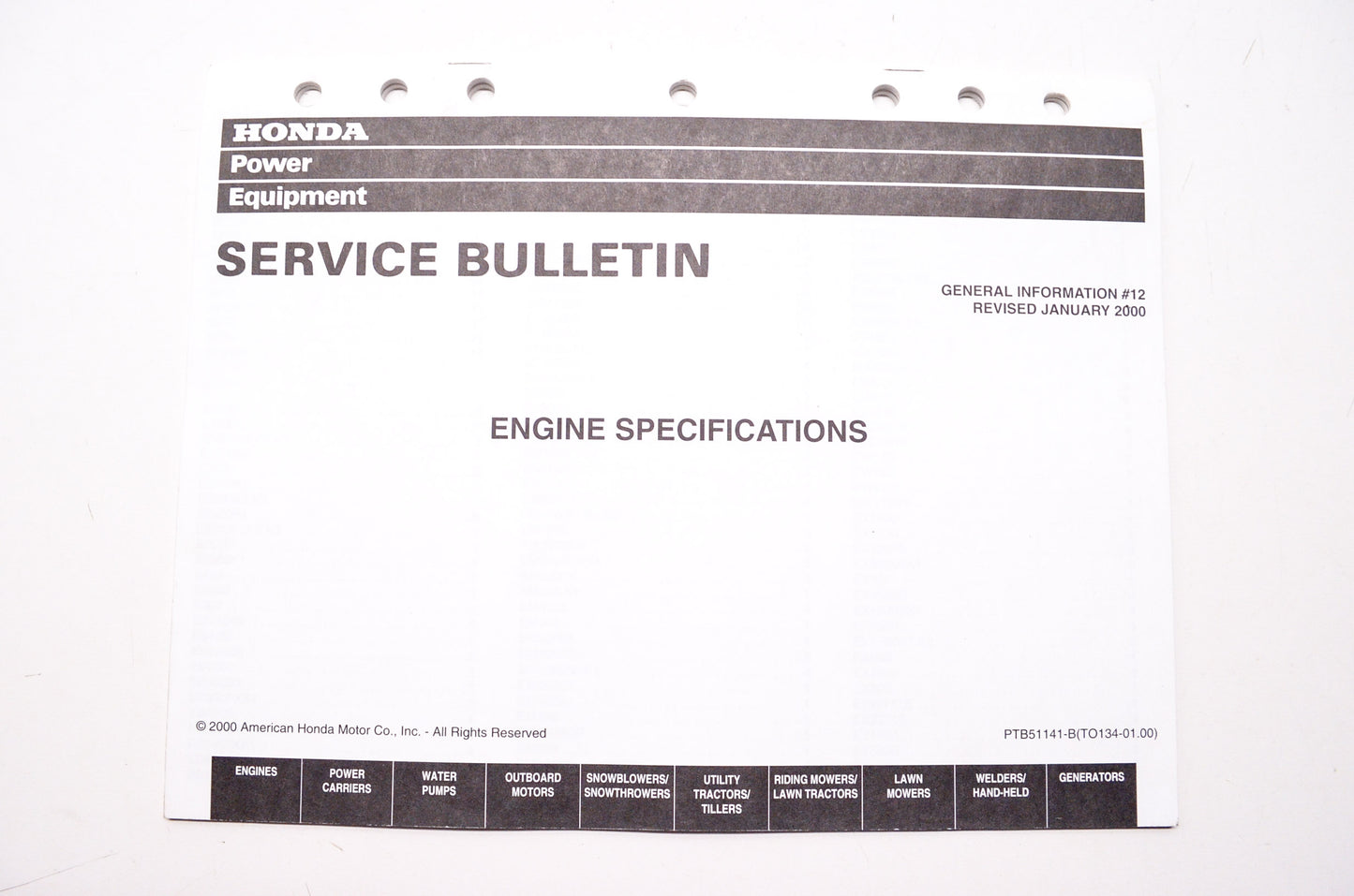 OEM Honda TO134-01.00, PTB51141-B Service Bulletin General Information #12 Engine Specificat