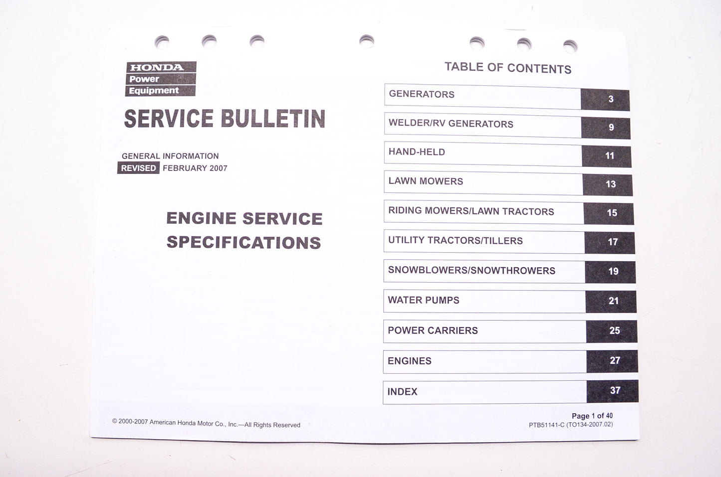OEM Honda TO134-2007.02, PTB51141-C Service Bulletin General Information Engine Service Spec