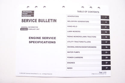 OEM Honda TO134-2007.02, PTB51141-C Service Bulletin General Information Engine Service Spec