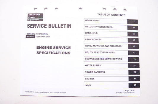 OEM Honda TO134-2007.02, PTB51141-C Service Bulletin General Information Engine Service Spec