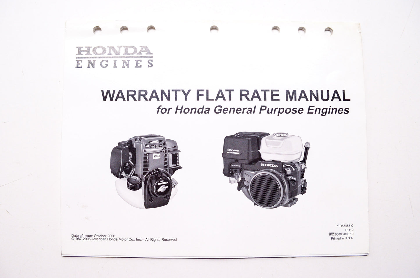 OEM Honda TE110, PFR53453 Engines Warranty Flat Rate Manual for General Purpose Engines