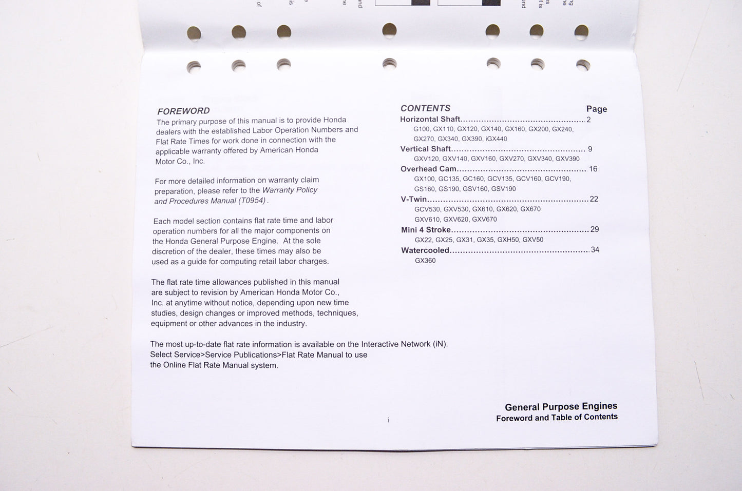 OEM Honda TE110, PFR53453 Engines Warranty Flat Rate Manual for General Purpose Engines