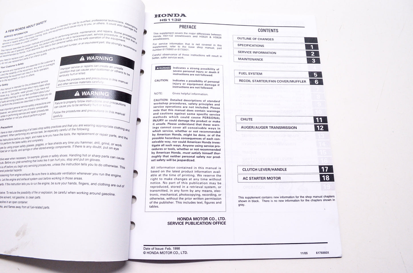 Honda Shop Service Repair Manual Snowblower HS1132 Supplement