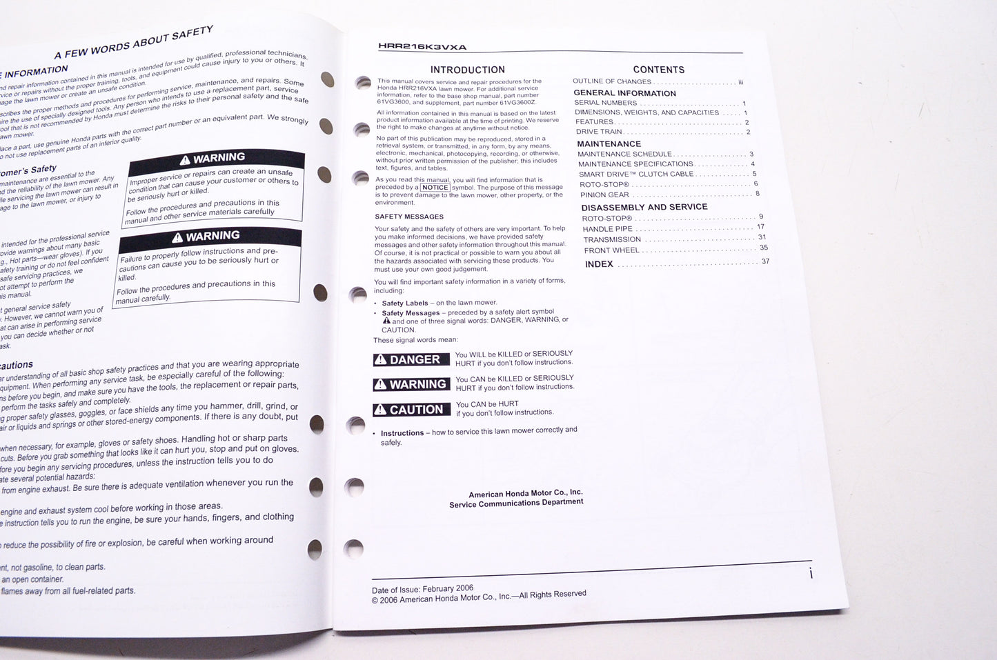Honda Shop Service Repair Manual HRR216K3VXA Supplement