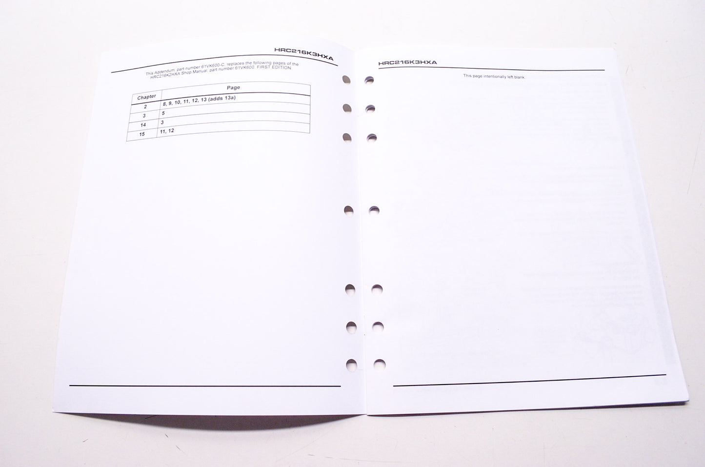 Honda Addendum to the HRC216K3HXA Shop Service Repair Manual