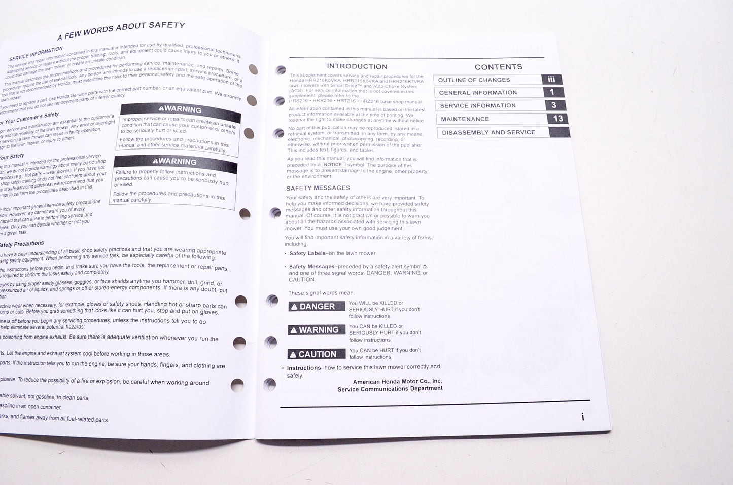 Honda Shop Service Repair Manual HRR216VKA Supplement 3rd Edition