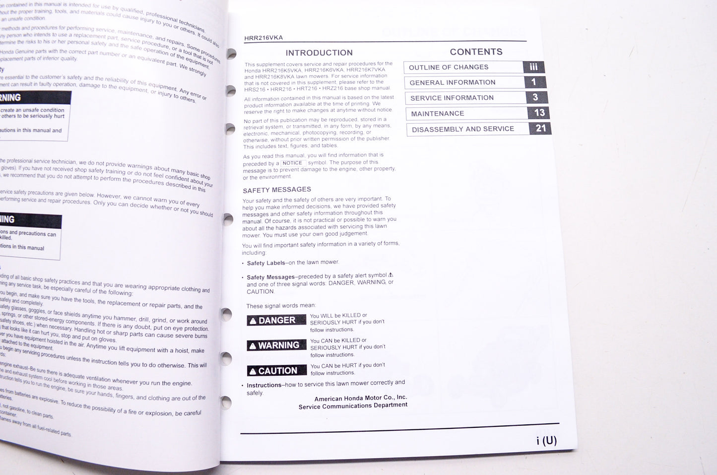 Honda Shop Service Repair Manual HRR216VKA Supplement 4th Edition