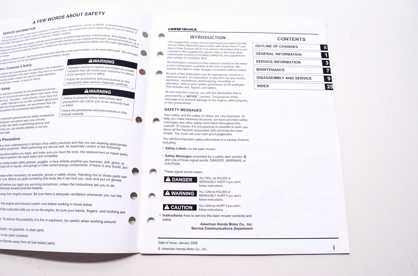 Honda Shop Service Repair Manual HRR216VKA Supplement
