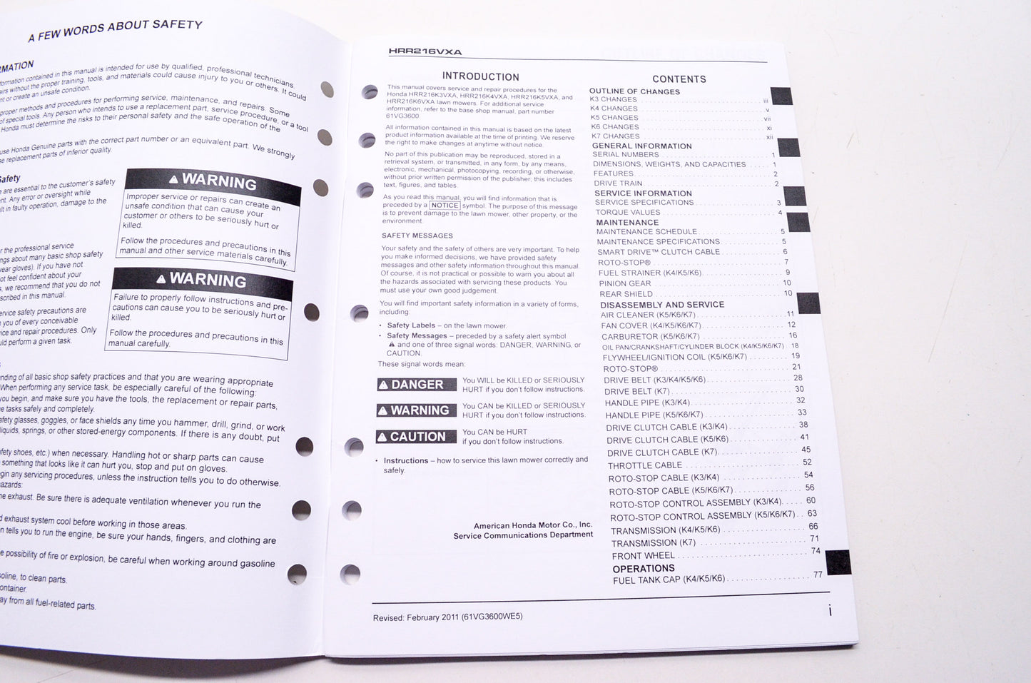 Honda Shop Service Repair Manual HRR216VXA Supplement 5th Edition