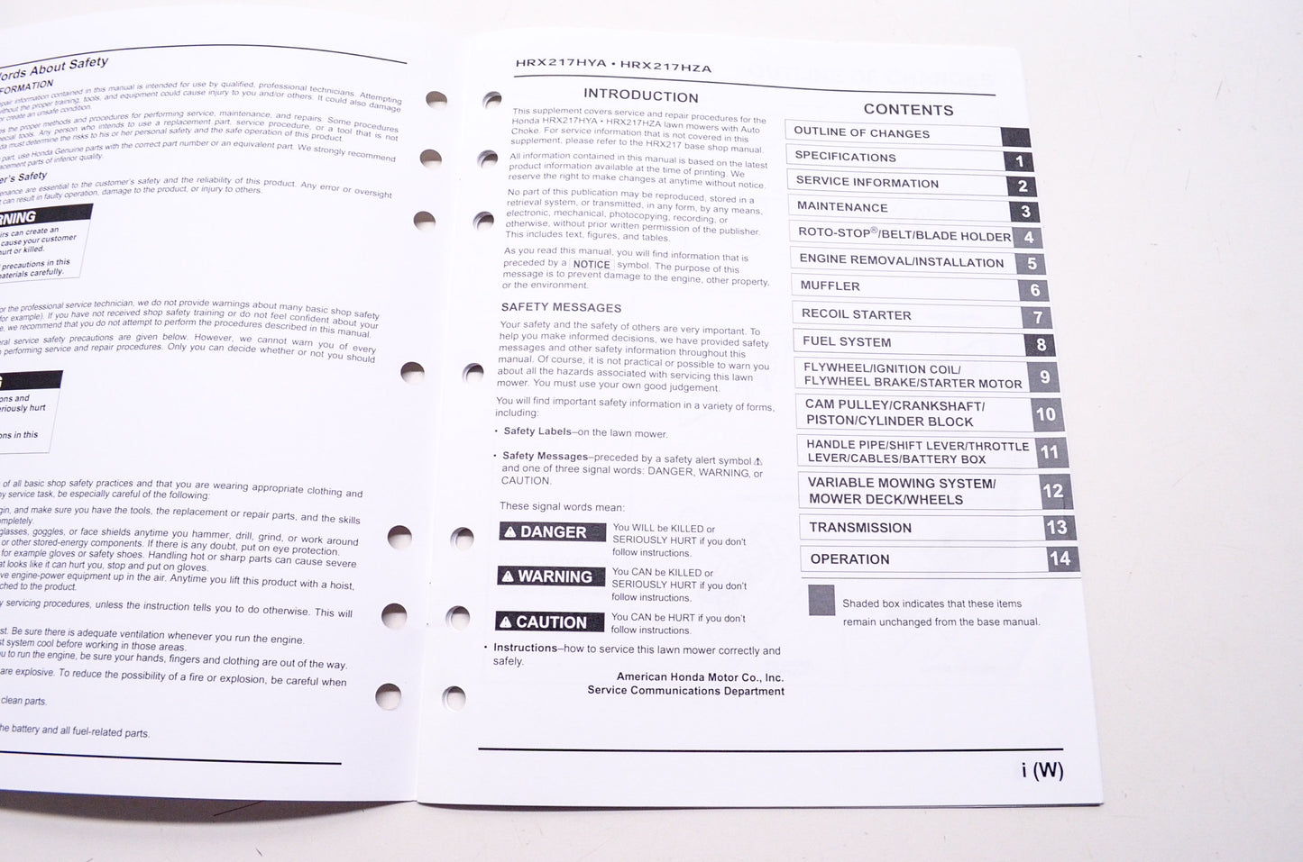 Honda Shop Service Repair Manual HRX217HYA HRX217HZA Supplement 1st Edition