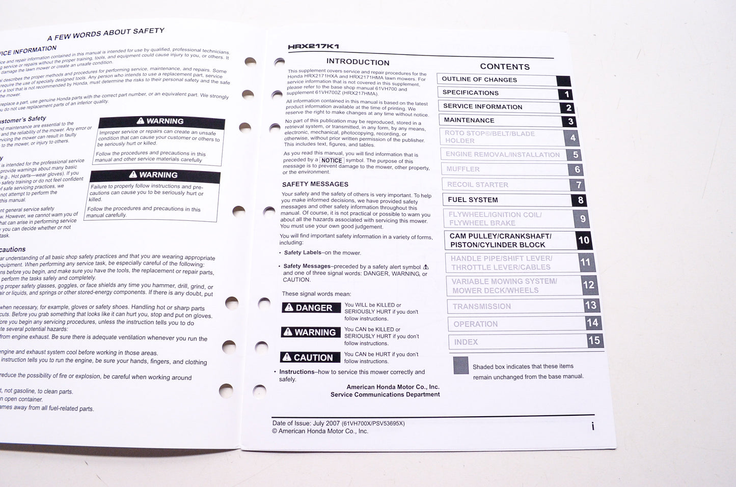 Honda Shop Service Repair Manual HRX217K1HXA HMA Supplement