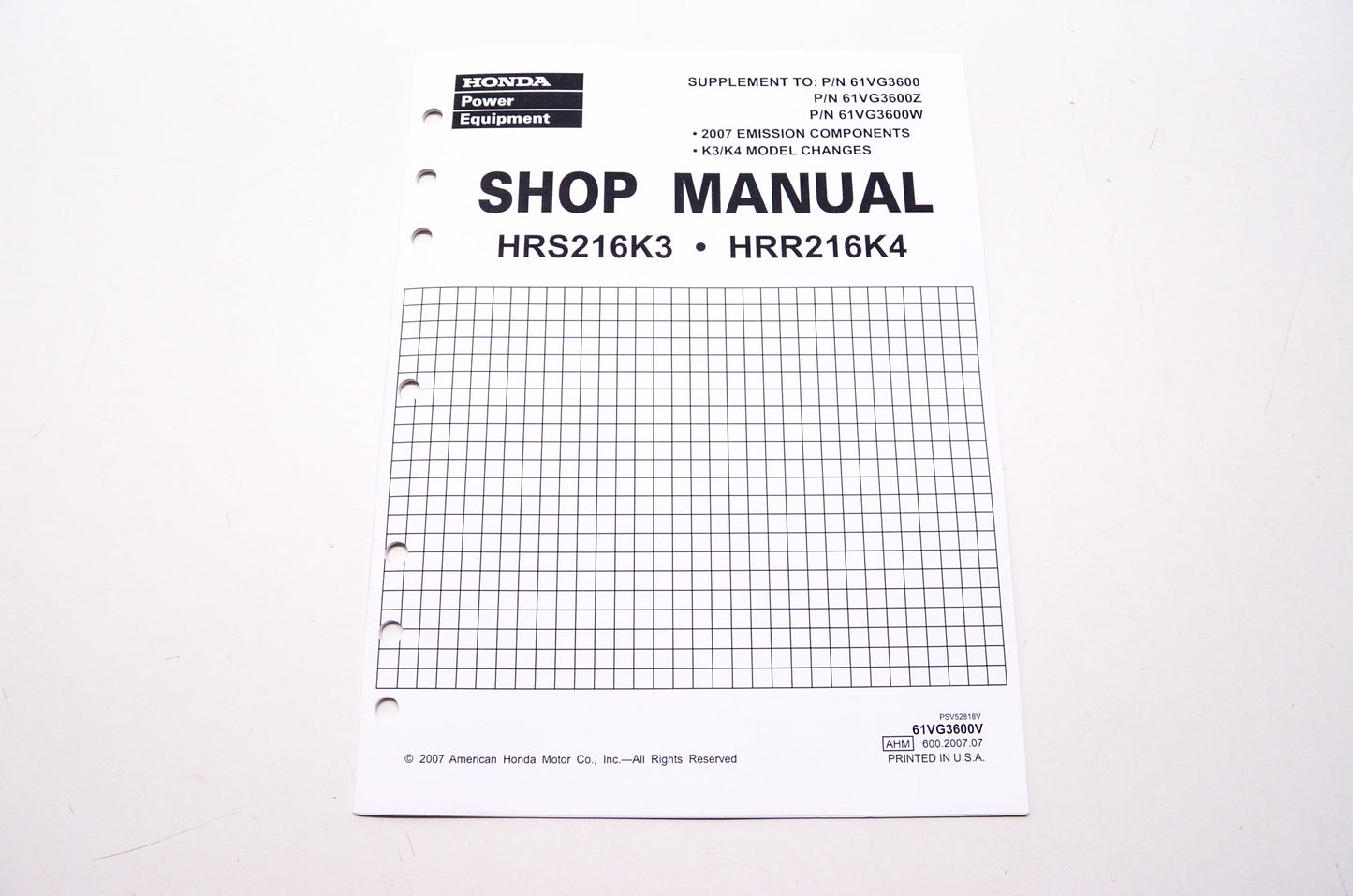 OEM Honda 61VG3600V, PSV52818V Shop Service Repair Manual HRS216K3 HRR216K4 Supplement