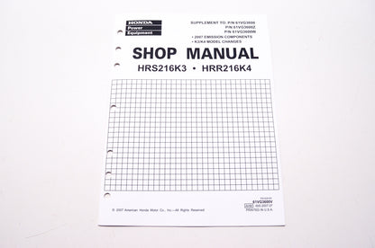OEM Honda 61VG3600V, PSV52818V Shop Service Repair Manual HRS216K3 HRR216K4 Supplement