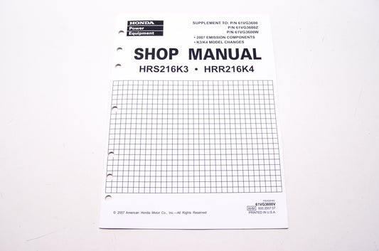 OEM Honda 61VG3600V, PSV52818V Shop Service Repair Manual HRS216K3 HRR216K4 Supplement