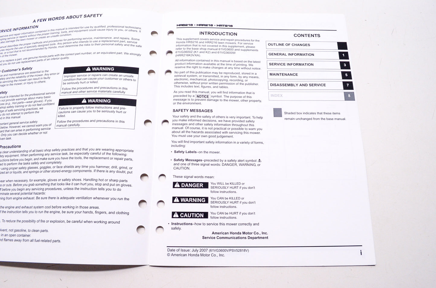 OEM Honda 61VG3600V, PSV52818V Shop Service Repair Manual HRS216K3 HRR216K4 Supplement