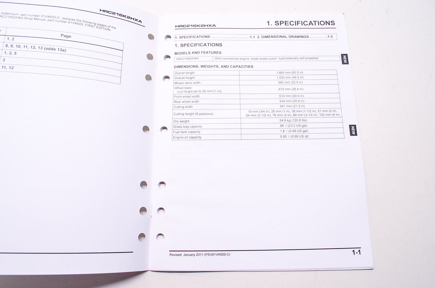 Honda Addendum to the HRC216K2HXA Shop Service Repair Manual