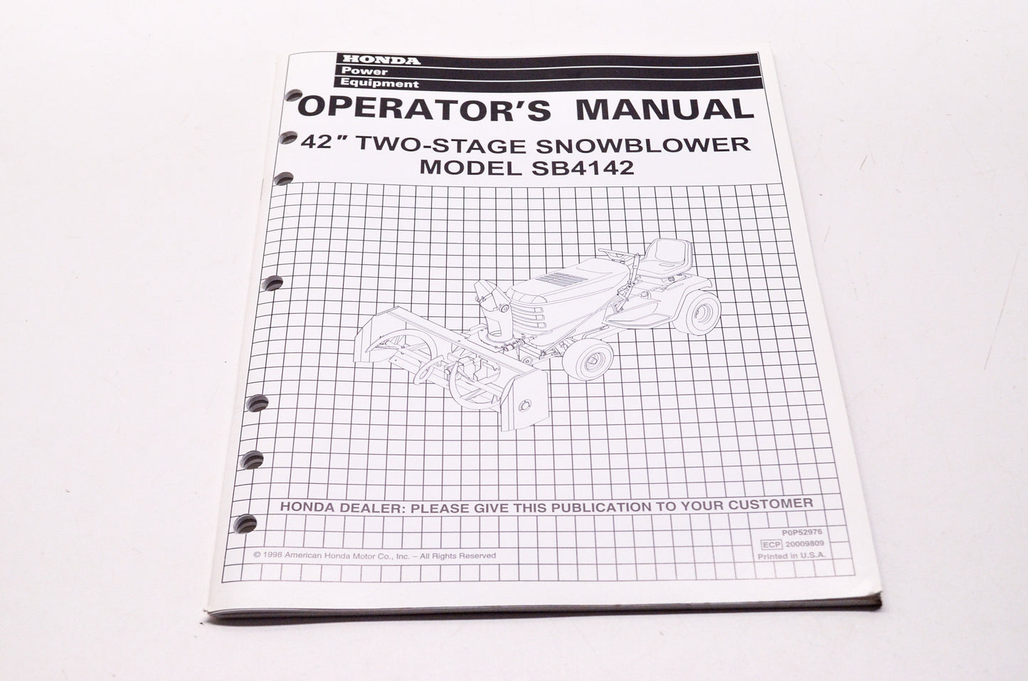 OEM Honda P0P52976, 20009809, 31HA460SB Operator's Manual 42' Two-Stage Snowblower Model SB