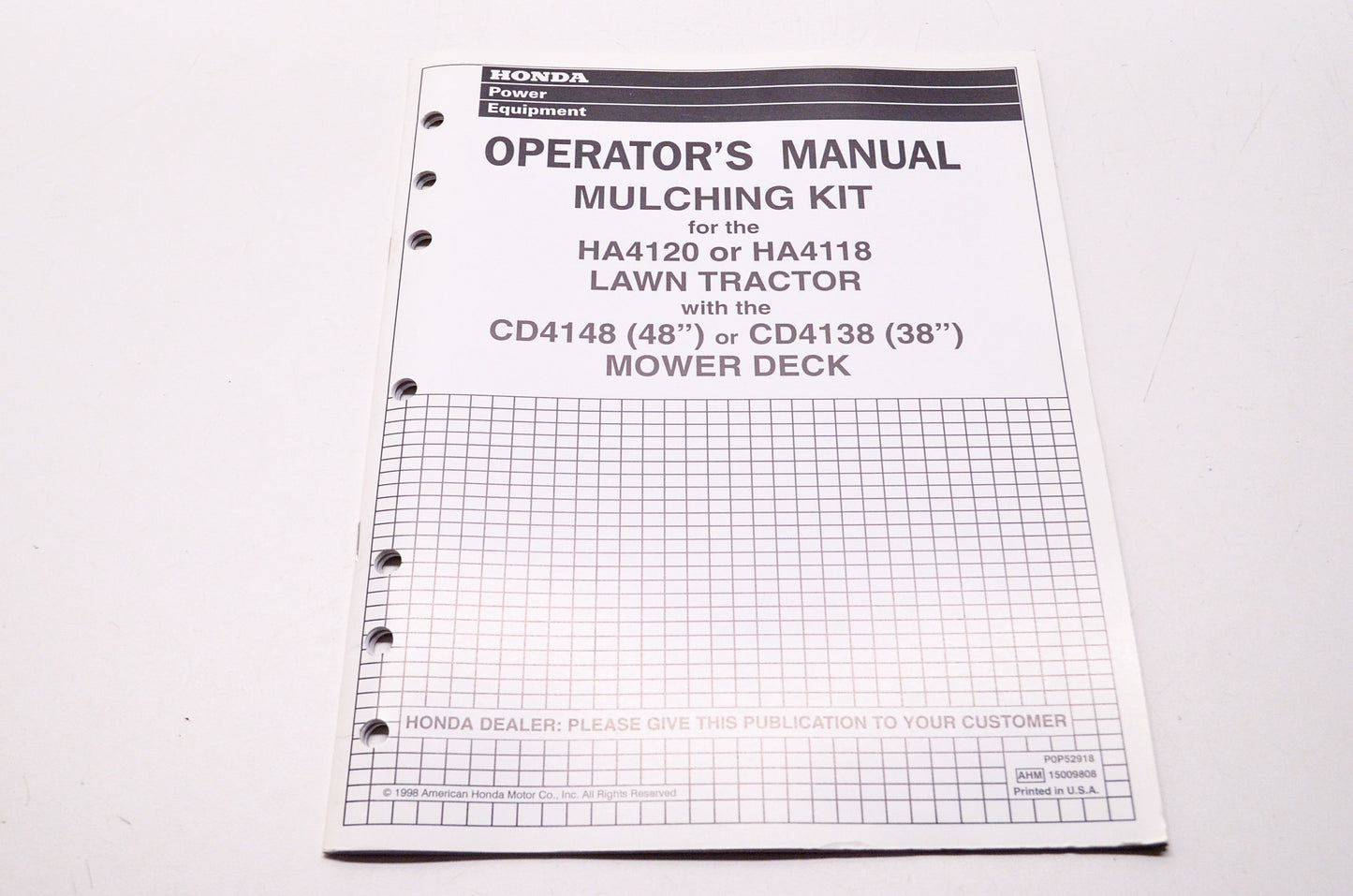 OEM Honda P0P52918, 15009808, 31HA460M Operator's Manual Mulching Kit for HA4120 HA4118 La