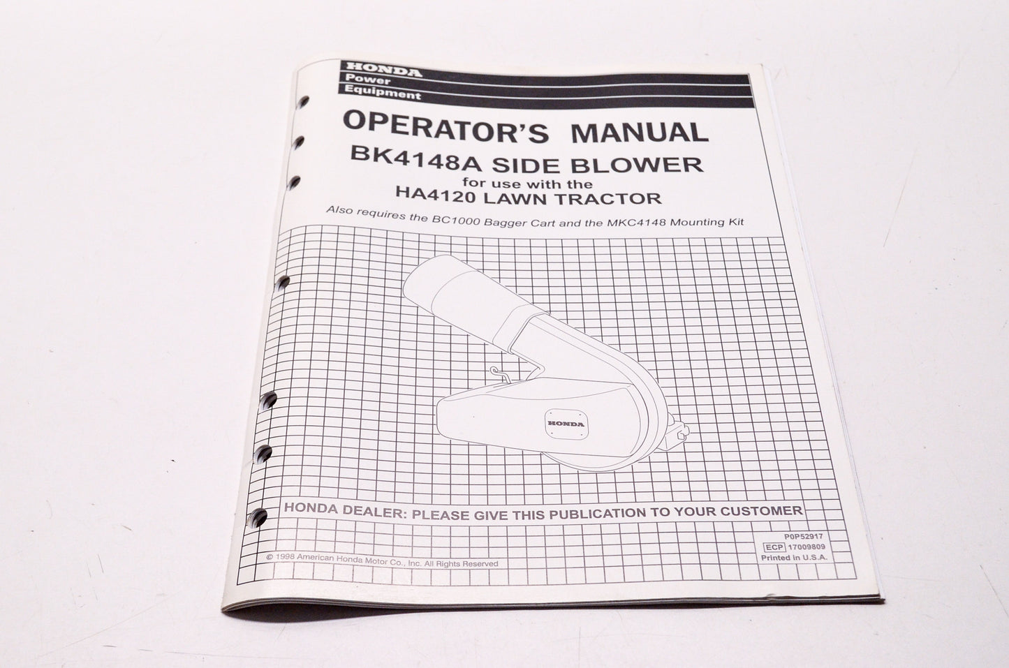 OEM Honda P0P52917, 17009809, 31BK4600 Operator's Manual BK4148A Side Blower NOS