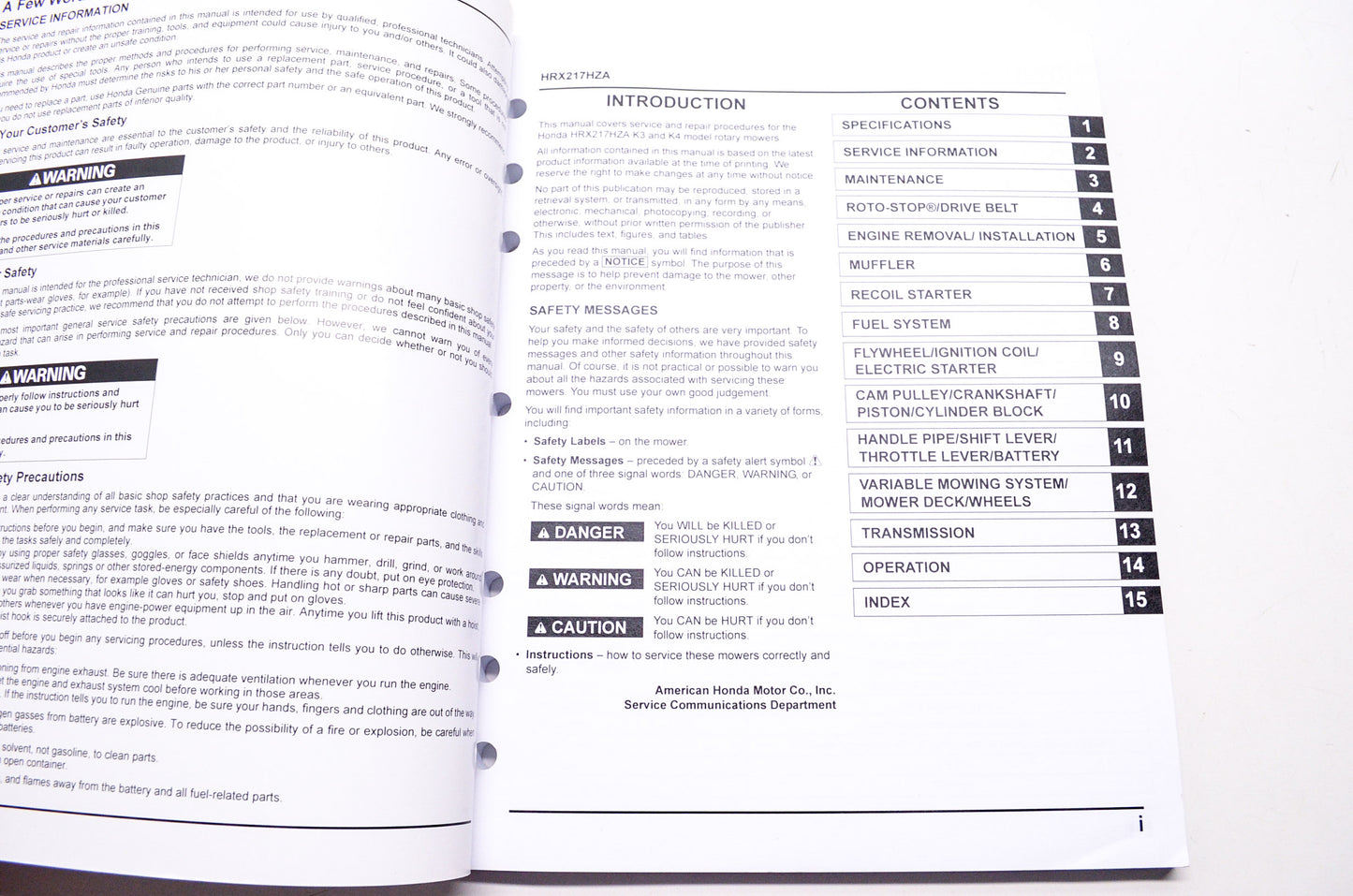 Honda Shop Service Repair Manual HRX217HZA 1st Edition