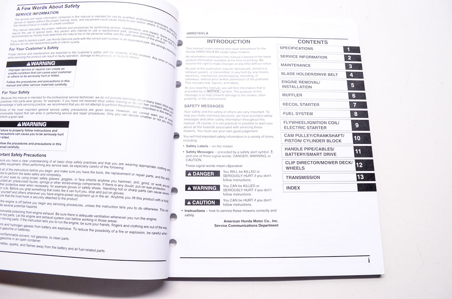 Honda Shop Service Repair Manual Lawn Mower HRR216VLA 1st Edition