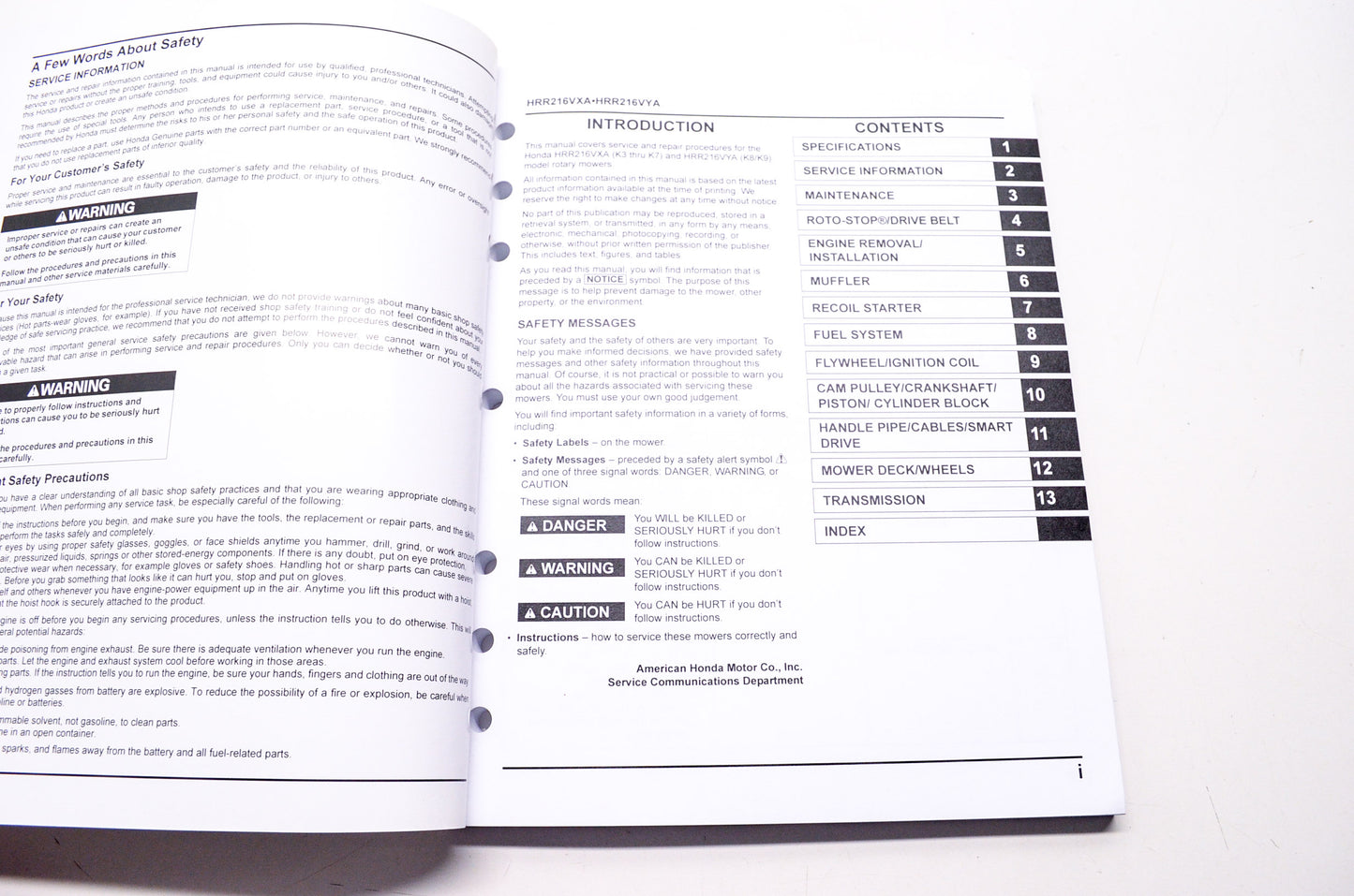 Honda Shop Service Repair Manual Lawn Mower HRR216VXA HRR216VYA 1st Edition