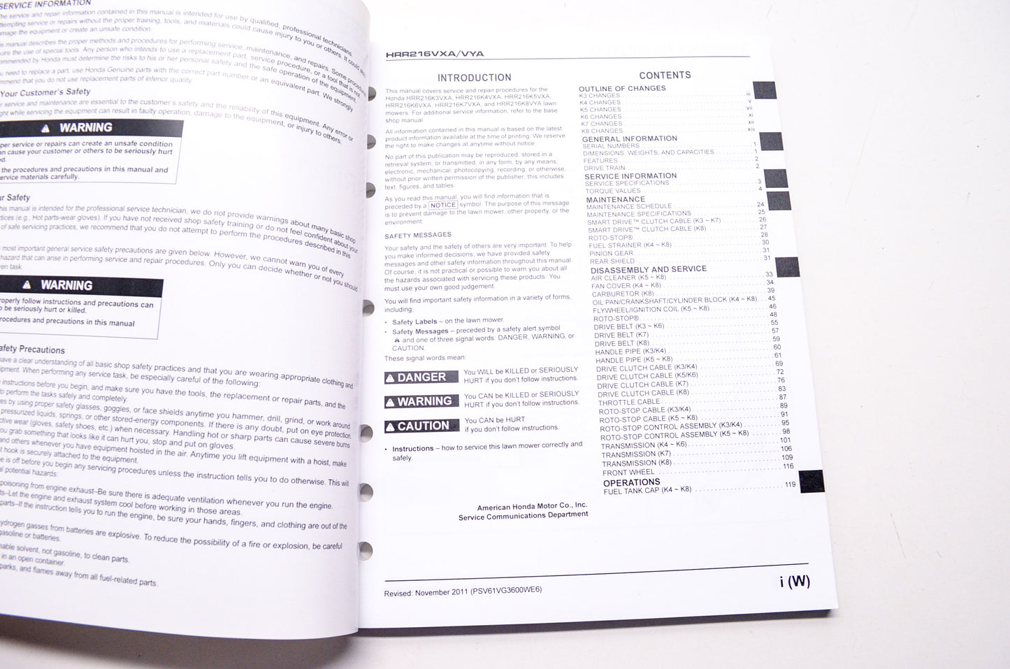 Honda Shop Service Repair Manual HRR216VXA HRR216VYA Supplement 6th Edition