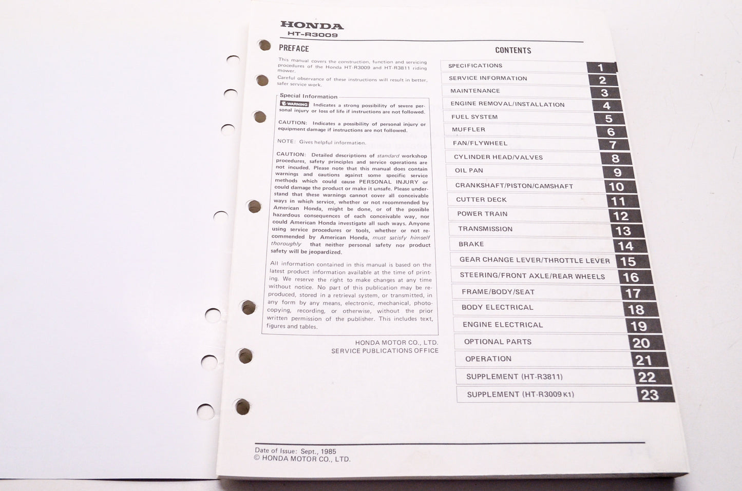 Honda Shop Service Repair Manual Riding Mower HT-R3009K0/3009K1/3811