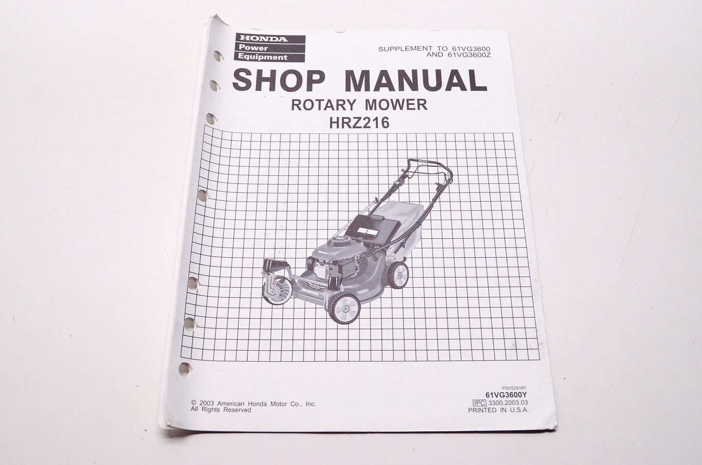 OEM Honda 61VG3600Y Shop Manual Supplement Rotary Mower HRZ216