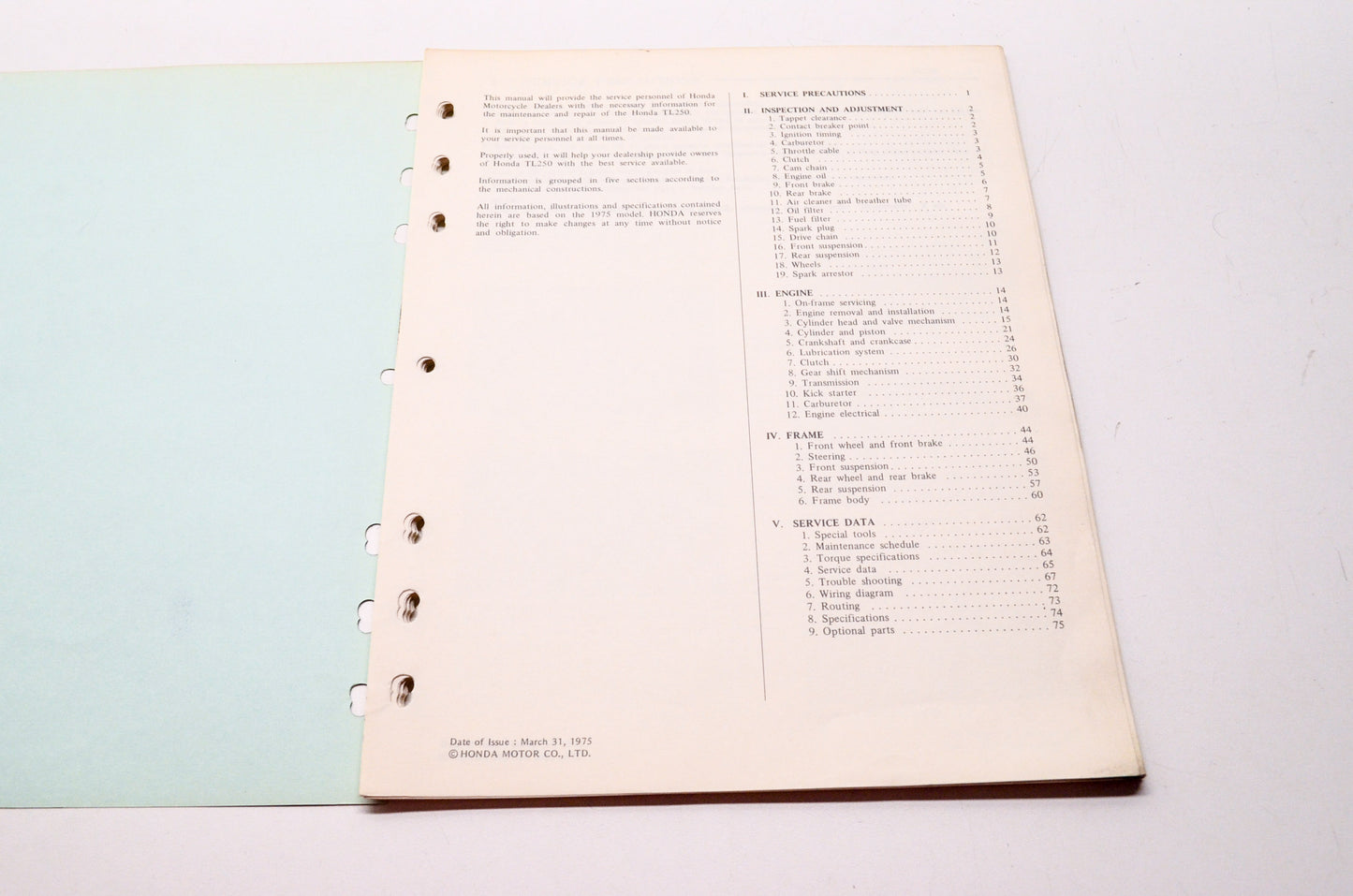 OEM Honda 6137601 Service Manual TL250'76