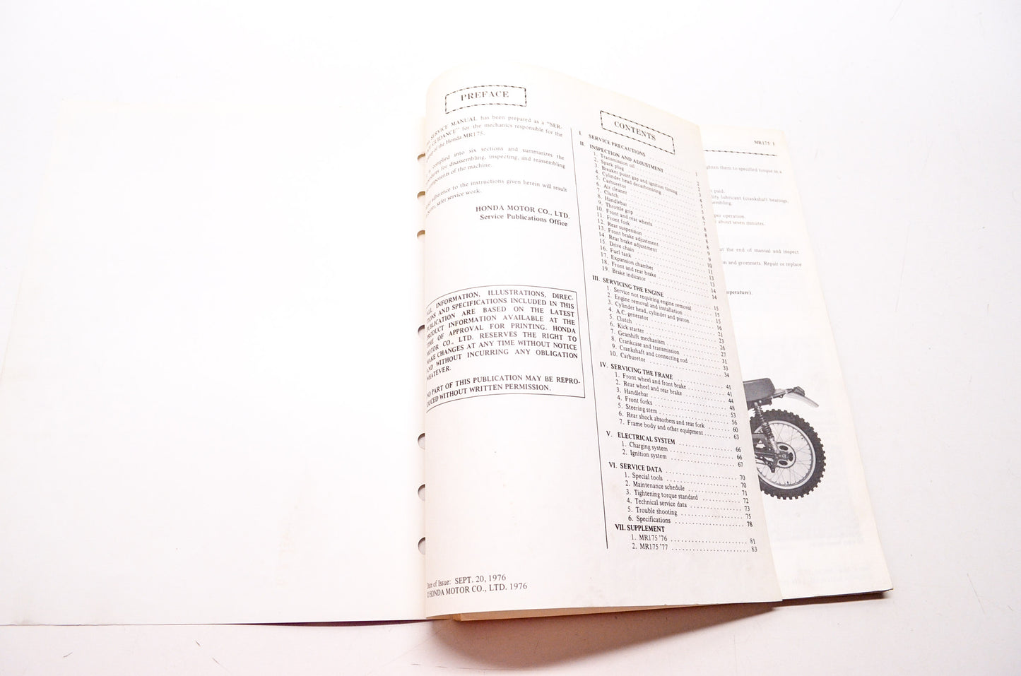 OEM Honda 6137303 MR175-'76-'77 Service Manual