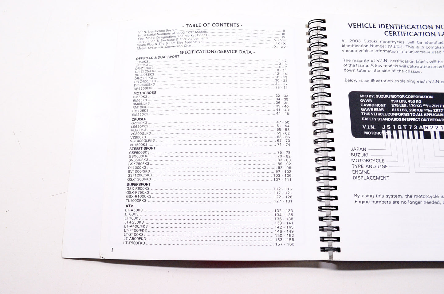 OEM Suzuki 99923-32003 Motorcycle & ATV Ready Reference Manual 2003 'K3' Models
