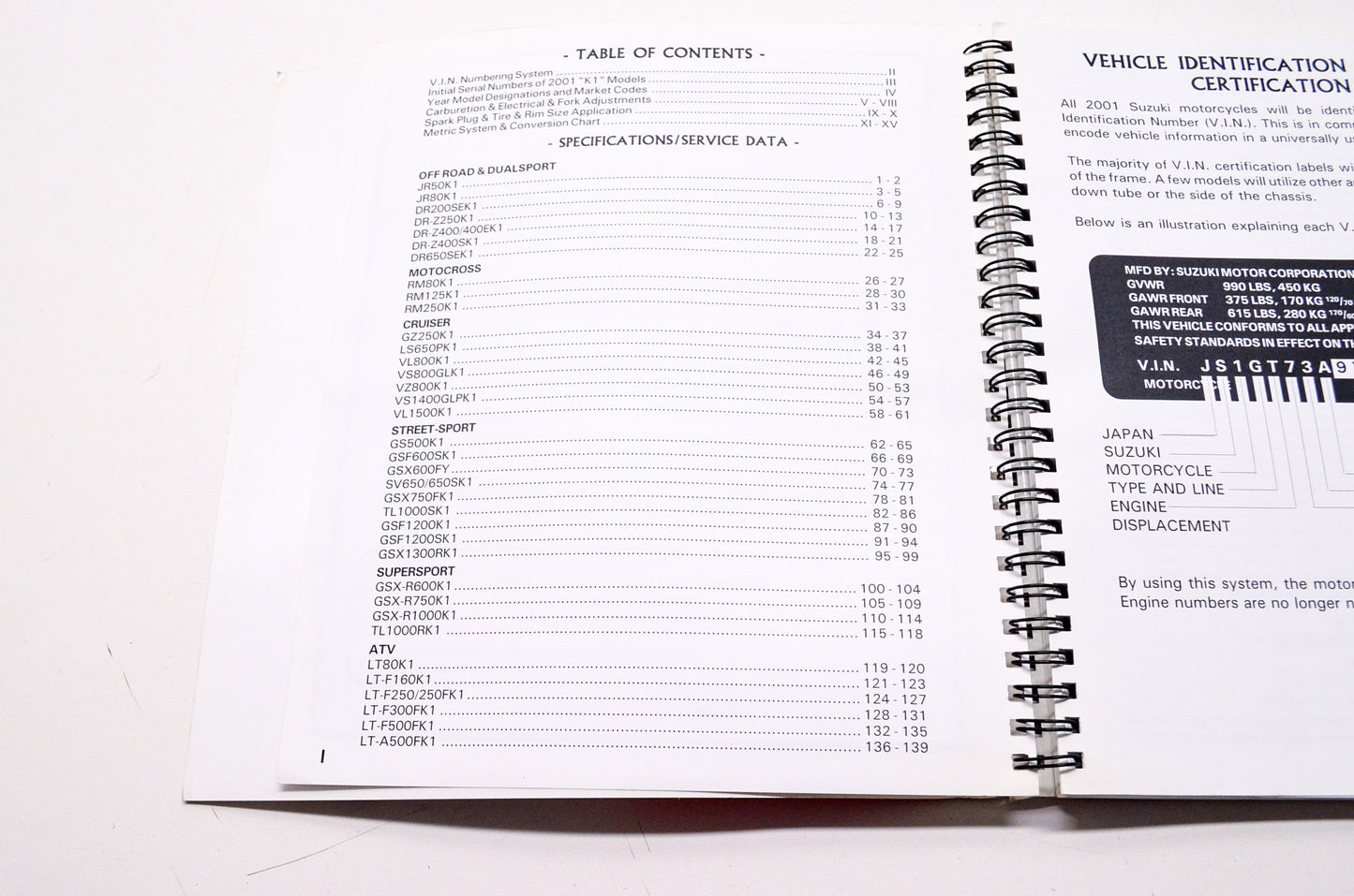 OEM Suzuki 99923-32001 Motorcycle & ATV Ready Reference Manual 2001 'K1' Models