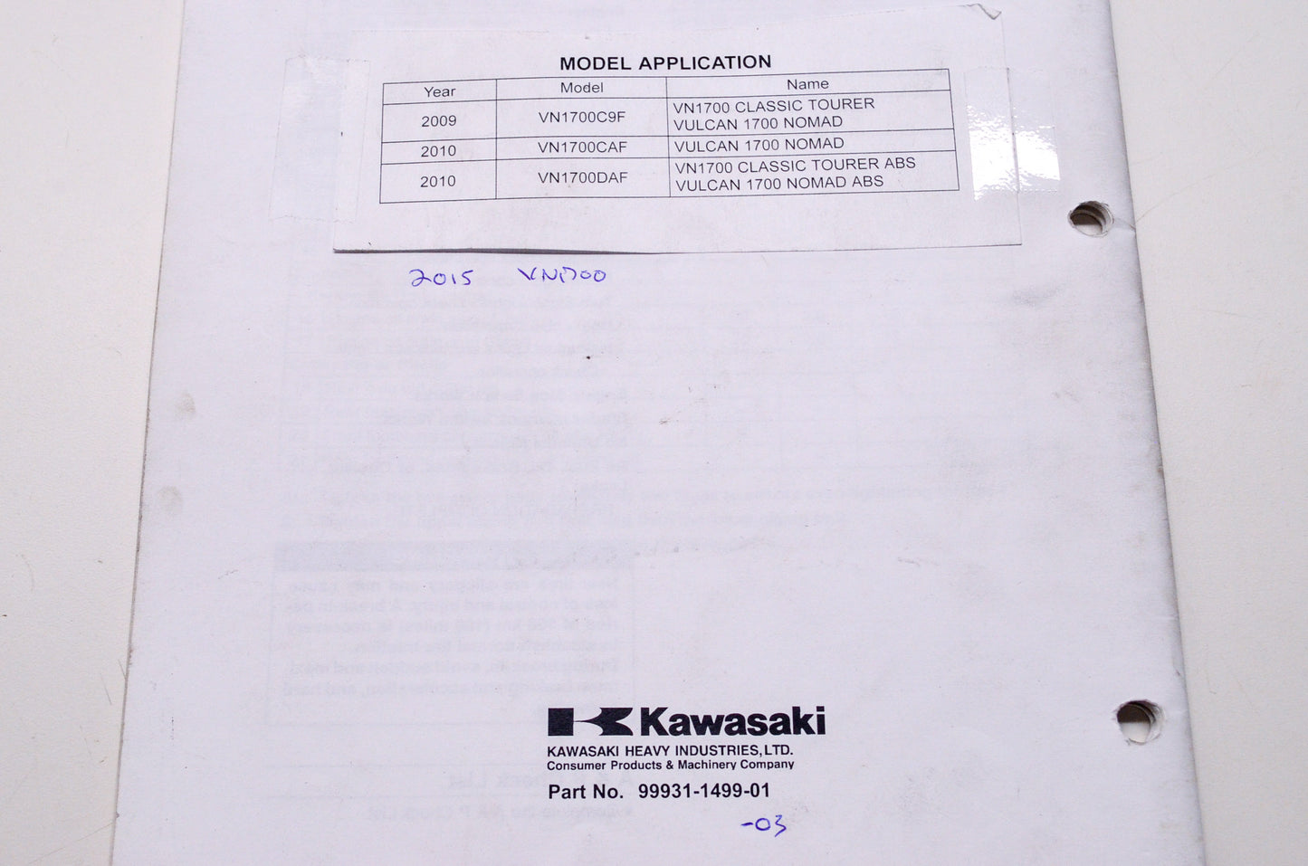 OEM Kawasaki 99931-1499-01 Assembly & Preparation Manual VN1700C