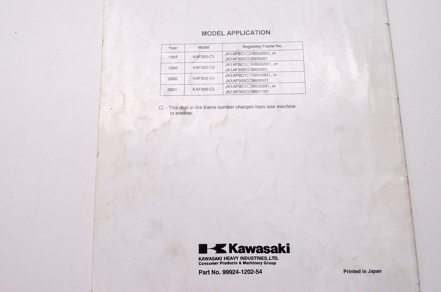 OEM Kawasaki 99924-1202-54 Service Manual Supplement KAF300C