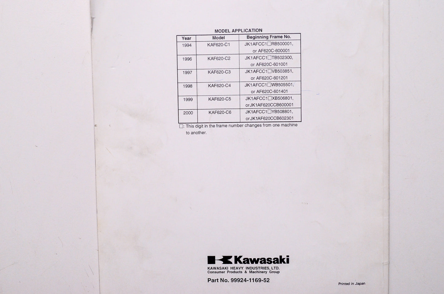 OEM Kawasaki 99924-1169-52 Service Manual Supplement KAF620C