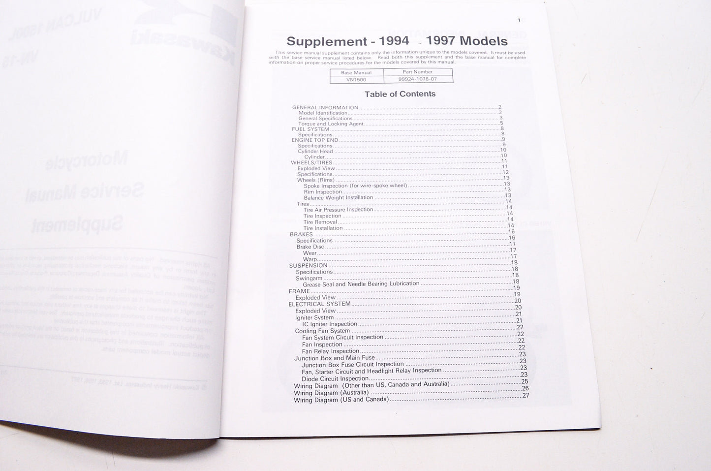 OEM Kawasaki 99924-1170-53 Service Manual Supplement VN1500C3