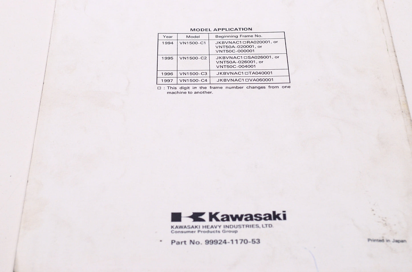OEM Kawasaki 99924-1170-53 Service Manual Supplement VN1500C3