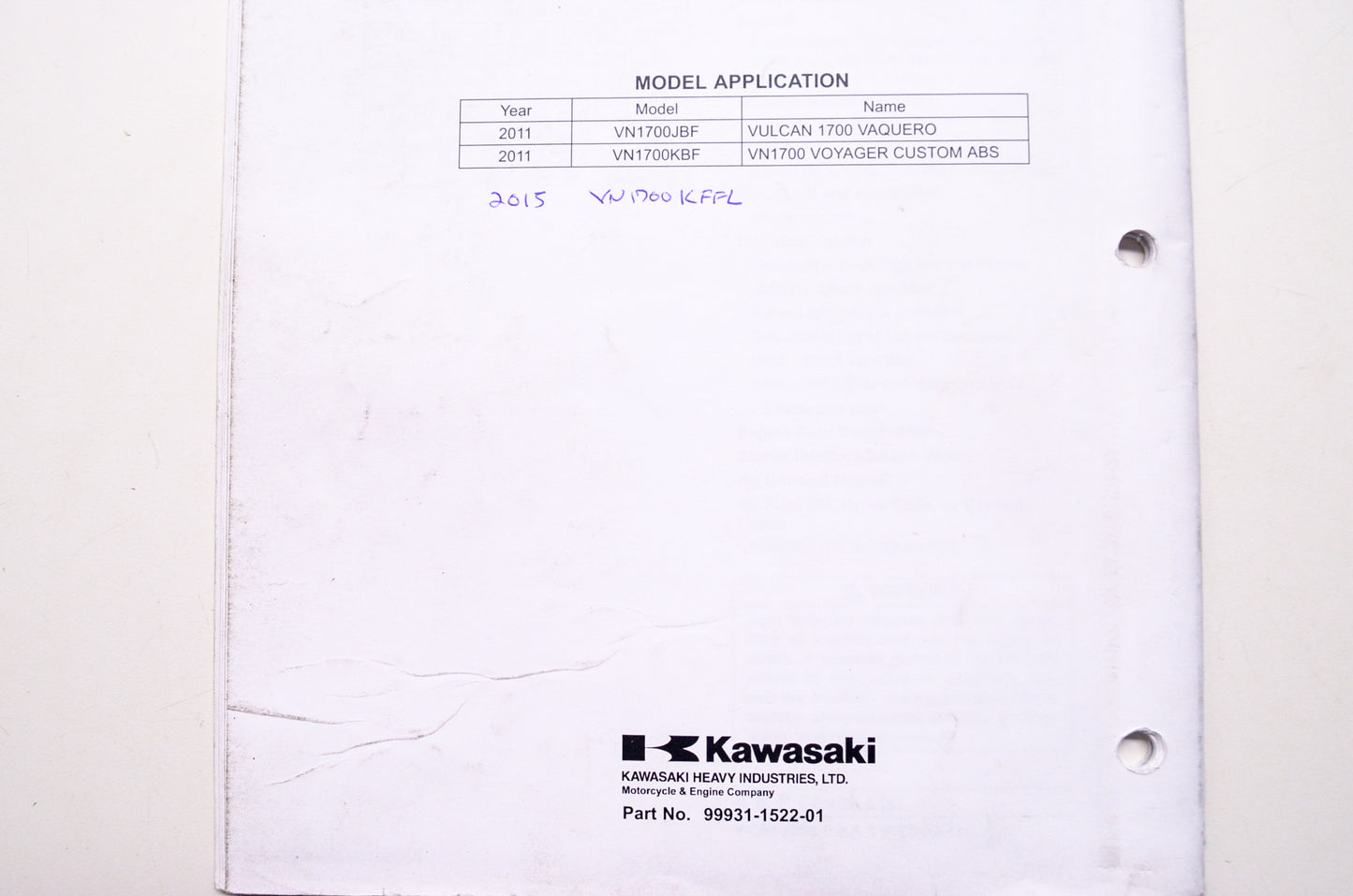 OEM Kawasaki 99931-1522-01 Assembly & Preparation Manual VN1700J/K