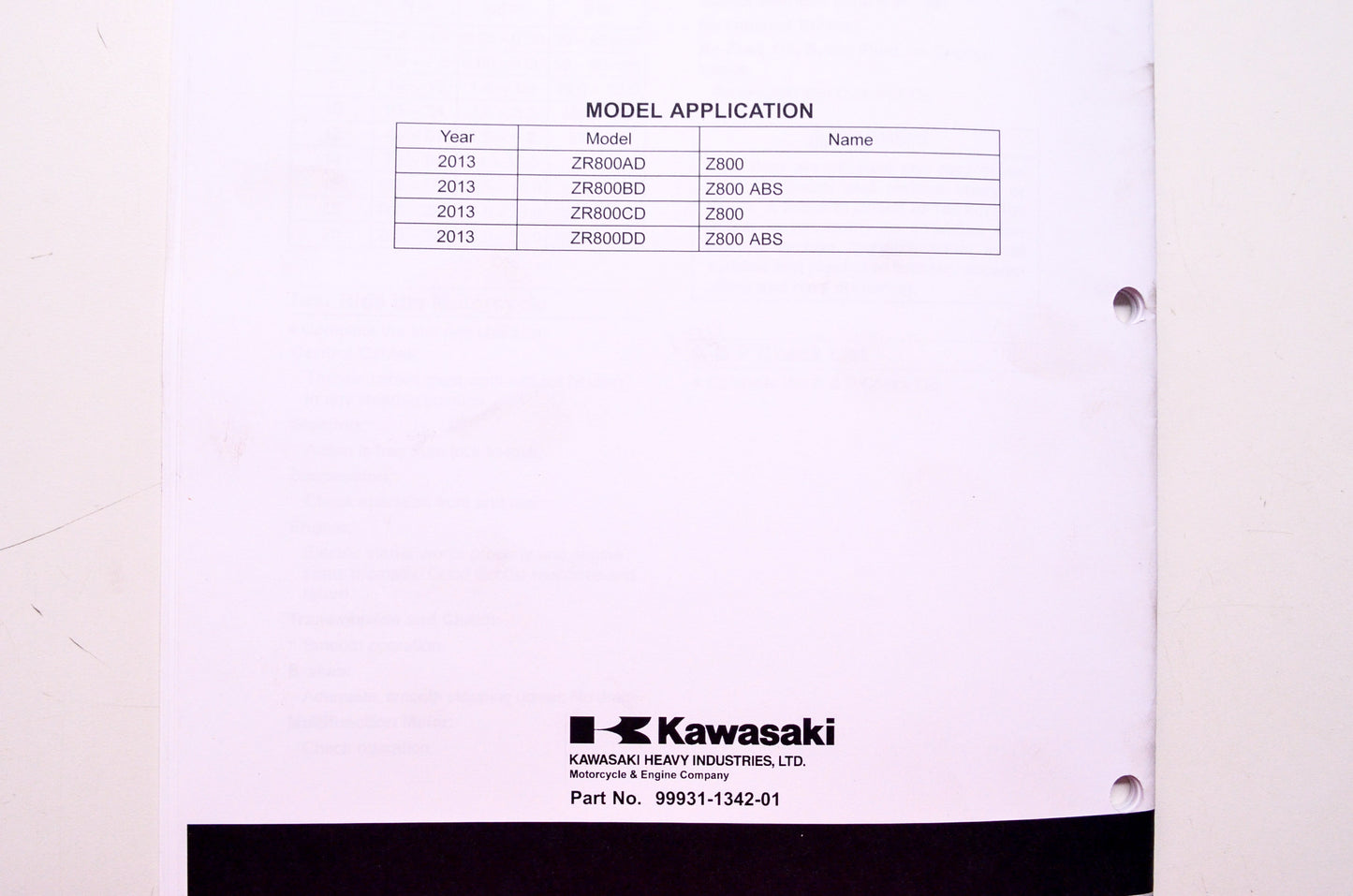 Kawasaki Z800 ABS Motorcycle Assembly & Preparation Manual