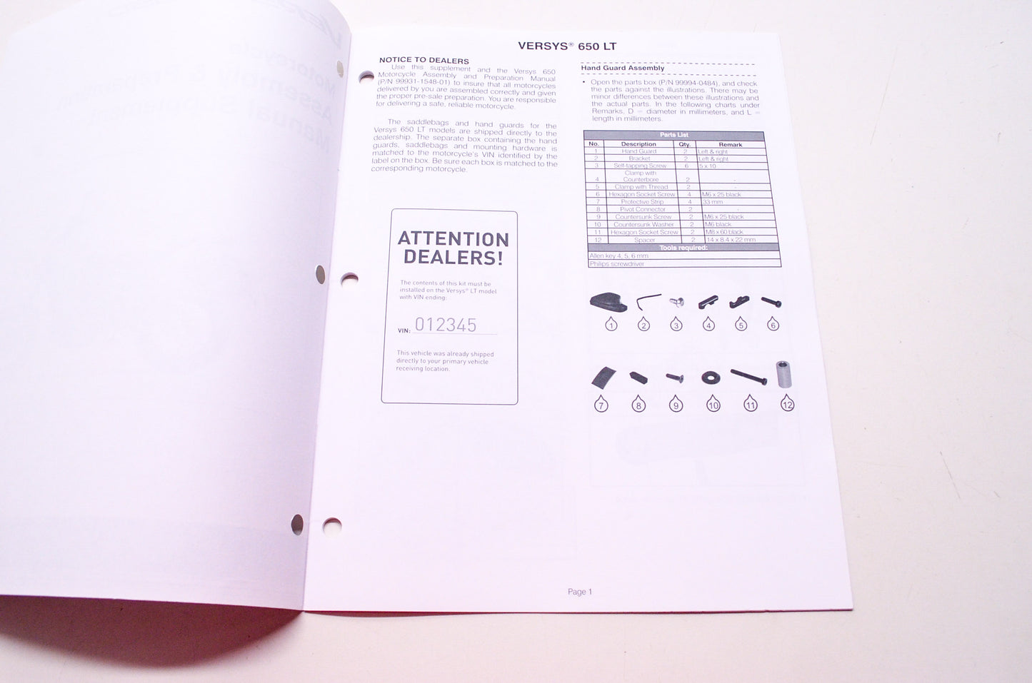 Kawasaki Versys 650 LT Motorcycle Assembly & Preparation Manual Supplement