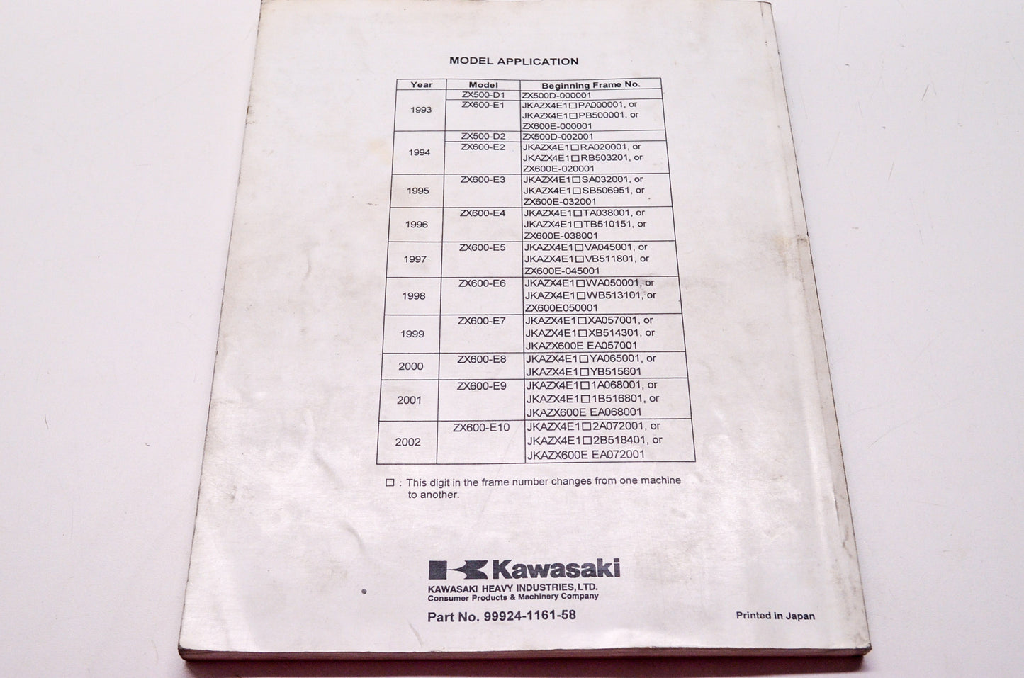 OEM Kawasaki 99924-1161-58 Service Manual Supplement ZX600E