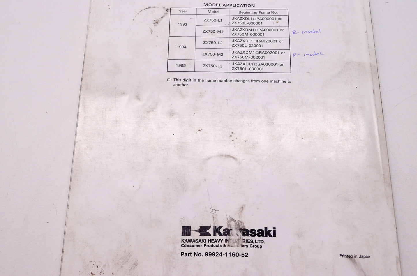 OEM Kawasaki 99924-1160-52 Service Manual Supplement ZX750L/M