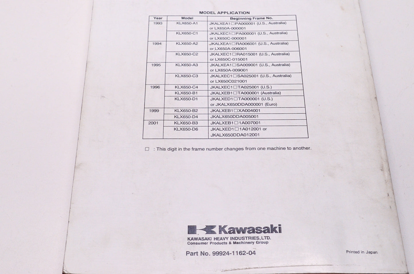 OEM Kawasaki 99924-1162-04 Service Manual KLX650
